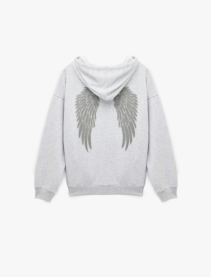  Üç İplik Uzun Kollu Fermuarlı Arkası Melek Kanadı Baskılı Kapüşonlu Sweatshirt