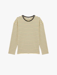 Pamuklu Rahat Kalıp Uzun Kollu Bisiklet Yaka Çizgili Tişört