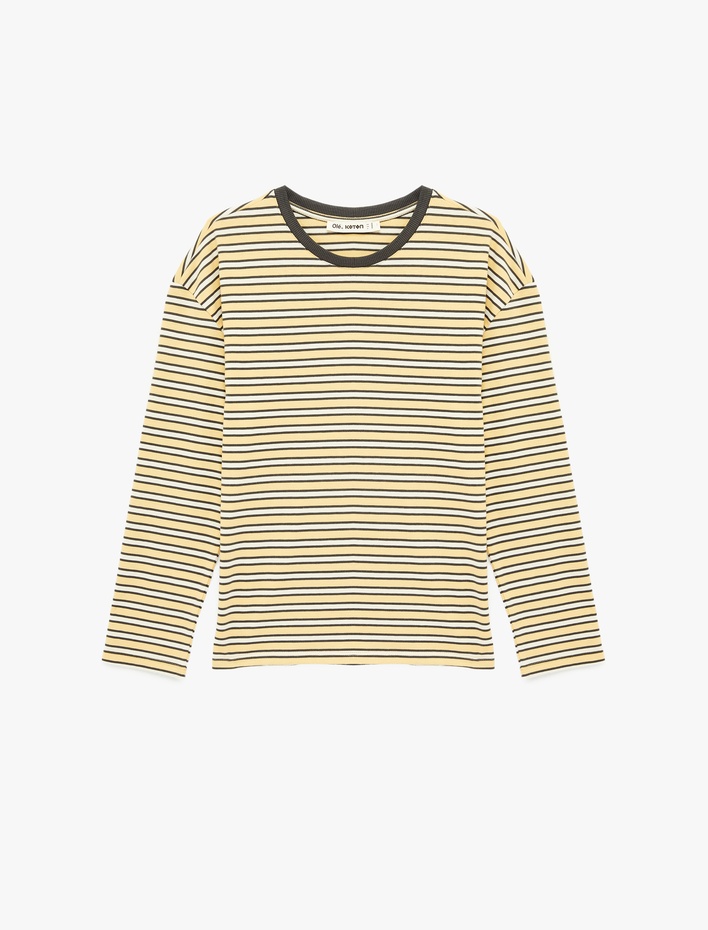  Pamuklu Rahat Kalıp Uzun Kollu Bisiklet Yaka Çizgili Tişört