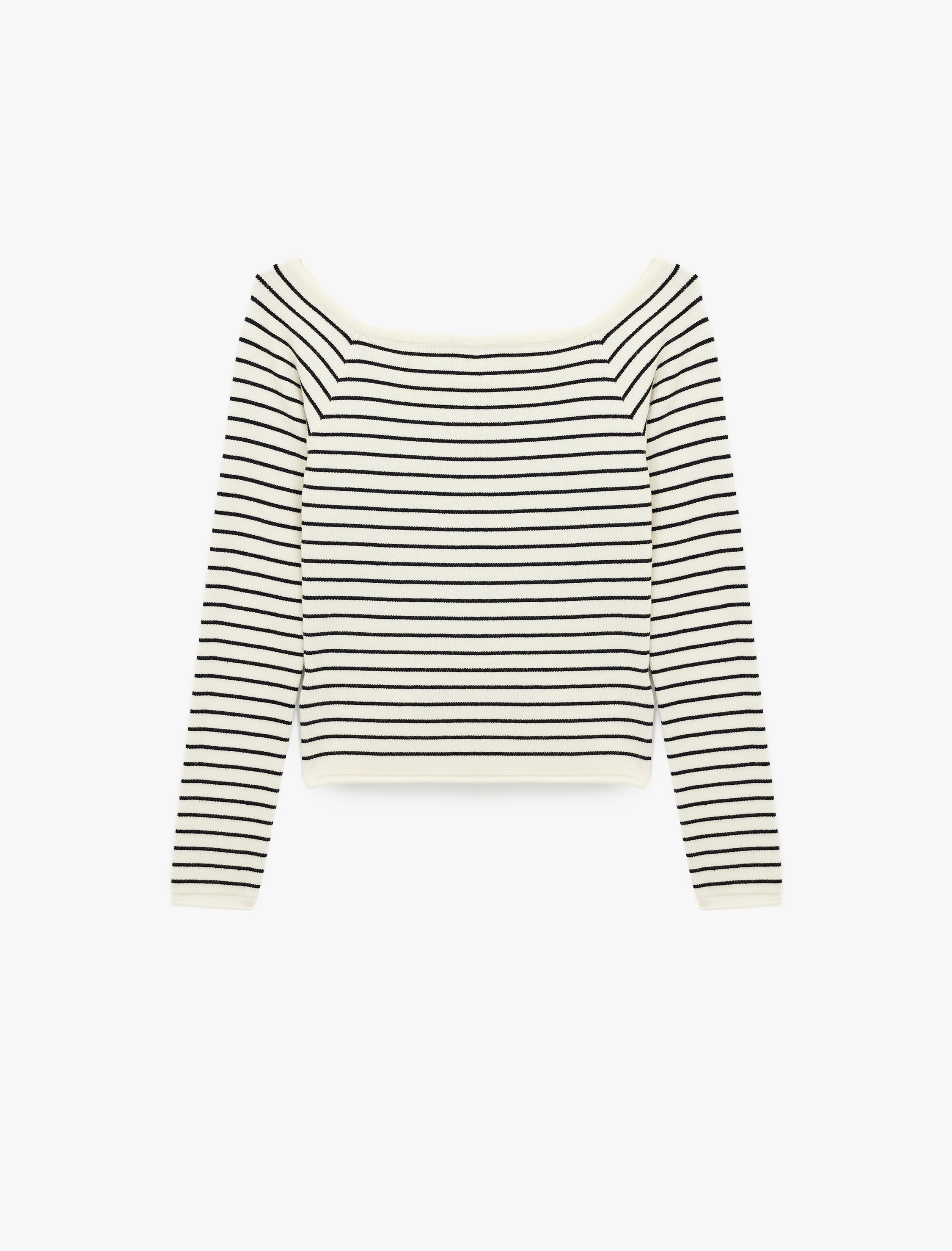   Uzun Kollu Kayık Yaka Açık Omuz Çizgili Triko Kazak