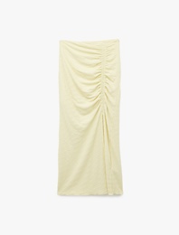 Slim Fit Bürümcük Kumaş Drape Detaylı Midi Boy Kalem Etek