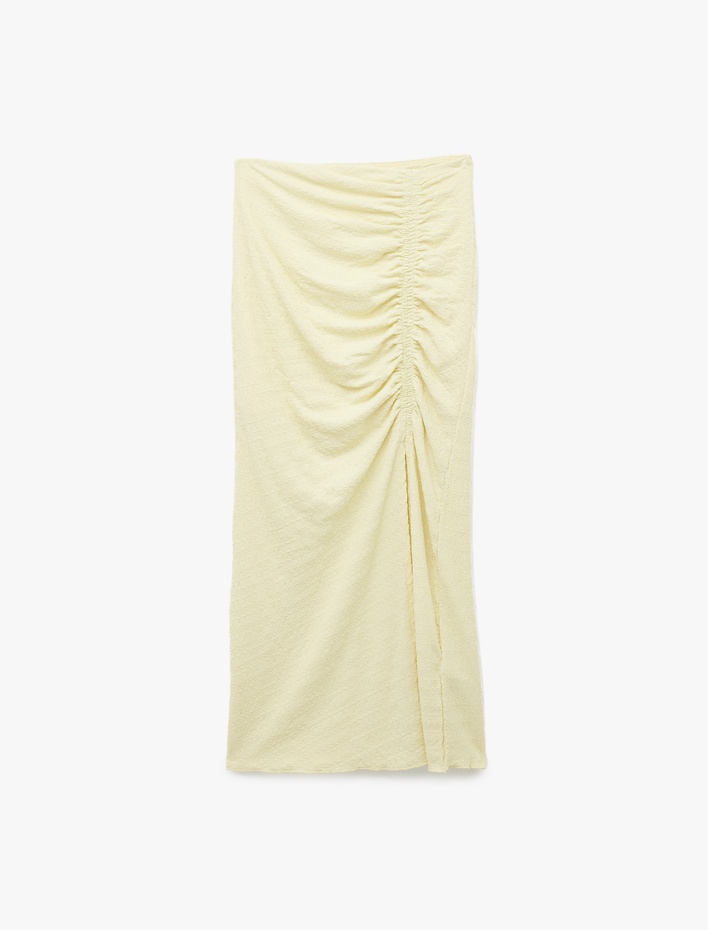  Slim Fit Bürümcük Kumaş Drape Detaylı Midi Boy Kalem Etek