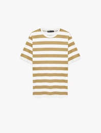 Regular Fit Viskon Karışımlı Kısa Kollu Bisiklet Yaka Çizgili Tişört