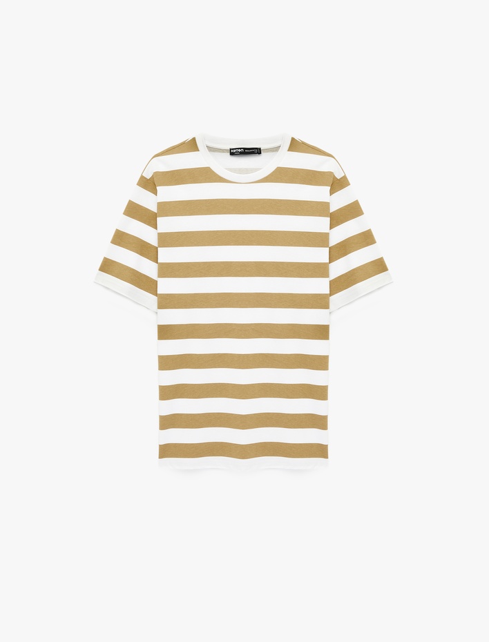  Regular Fit Viskon Karışımlı Kısa Kollu Bisiklet Yaka Çizgili Tişört