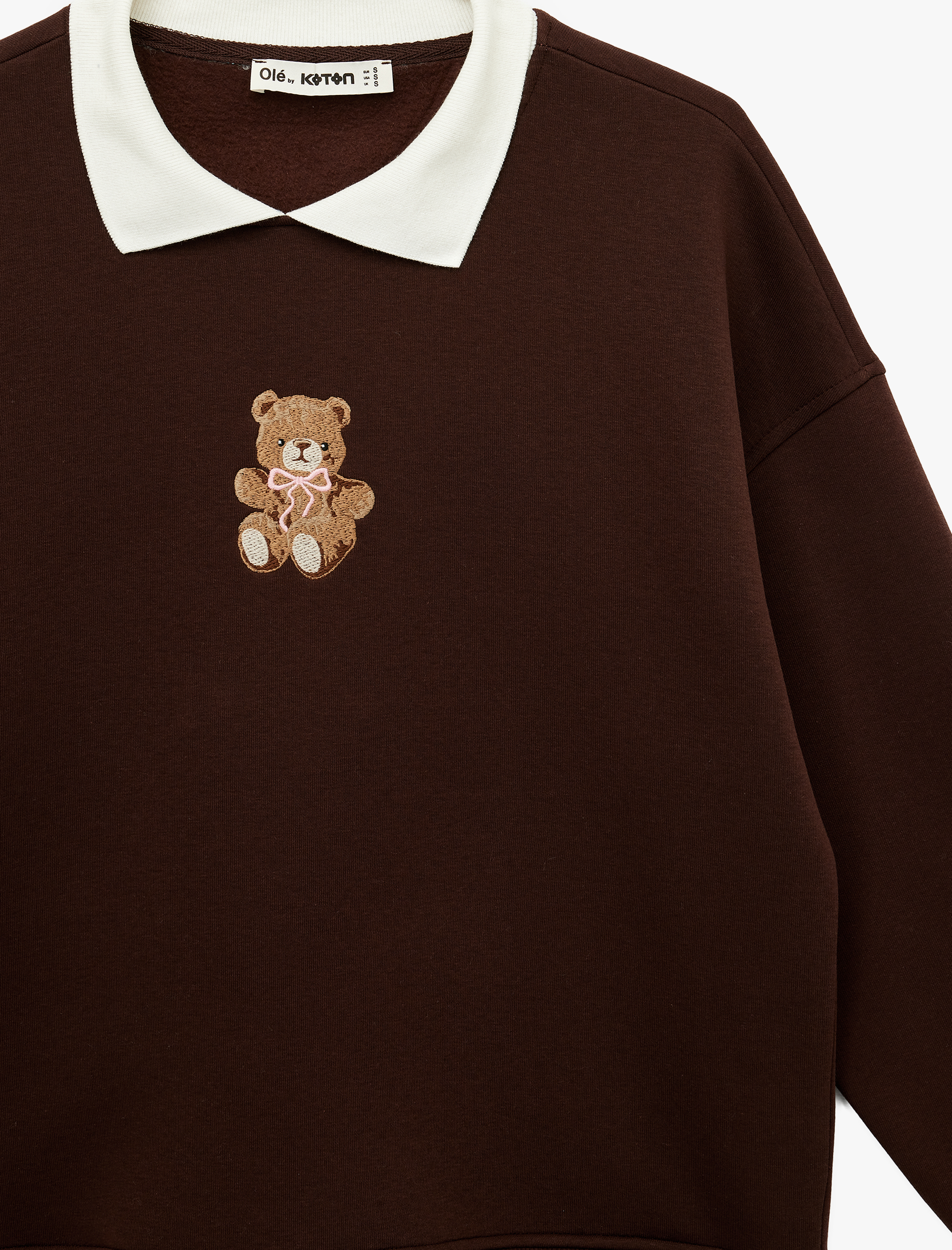   Rahat Kalıp Uzun Kollu Polo Yaka Ayıcık Nakış Detaylı Sweatshirt