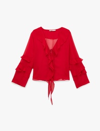 Uzun Kollu V Yaka Fırfırlı Şifon Bluz