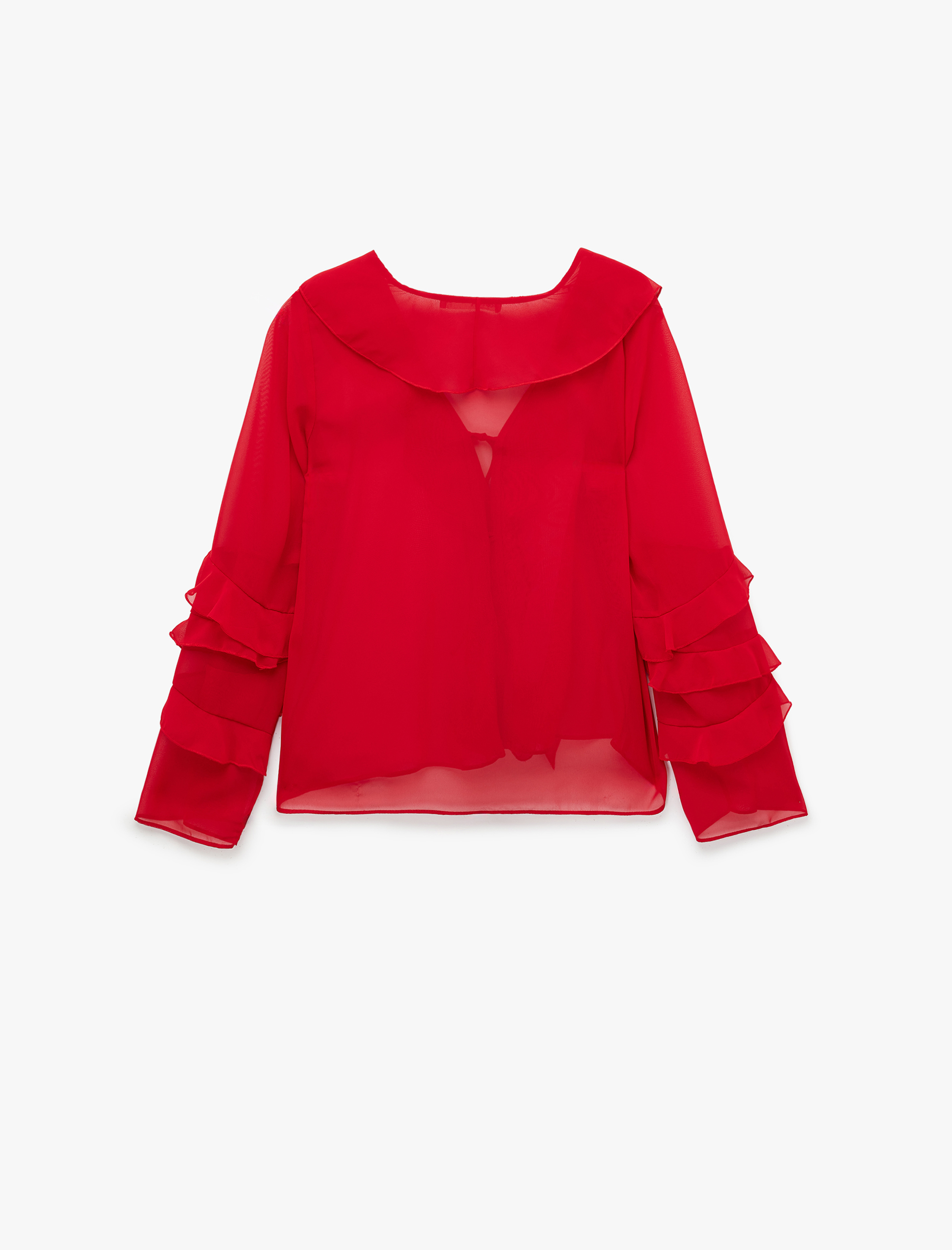   Uzun Kollu V Yaka Fırfırlı Şifon Bluz