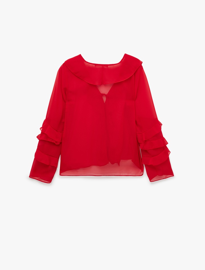  Uzun Kollu V Yaka Fırfırlı Şifon Bluz