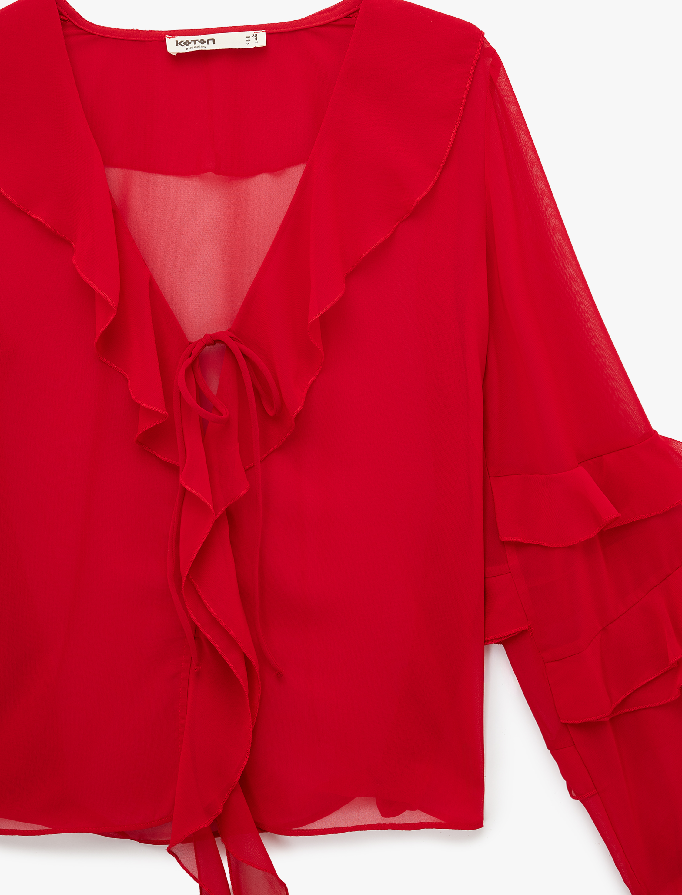   Uzun Kollu V Yaka Fırfırlı Şifon Bluz