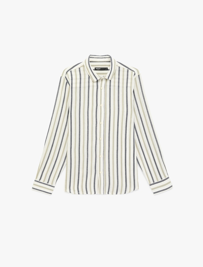  Regular Fit Uzun Kollu Pamuklu Klasik Yaka Çizgili Gömlek