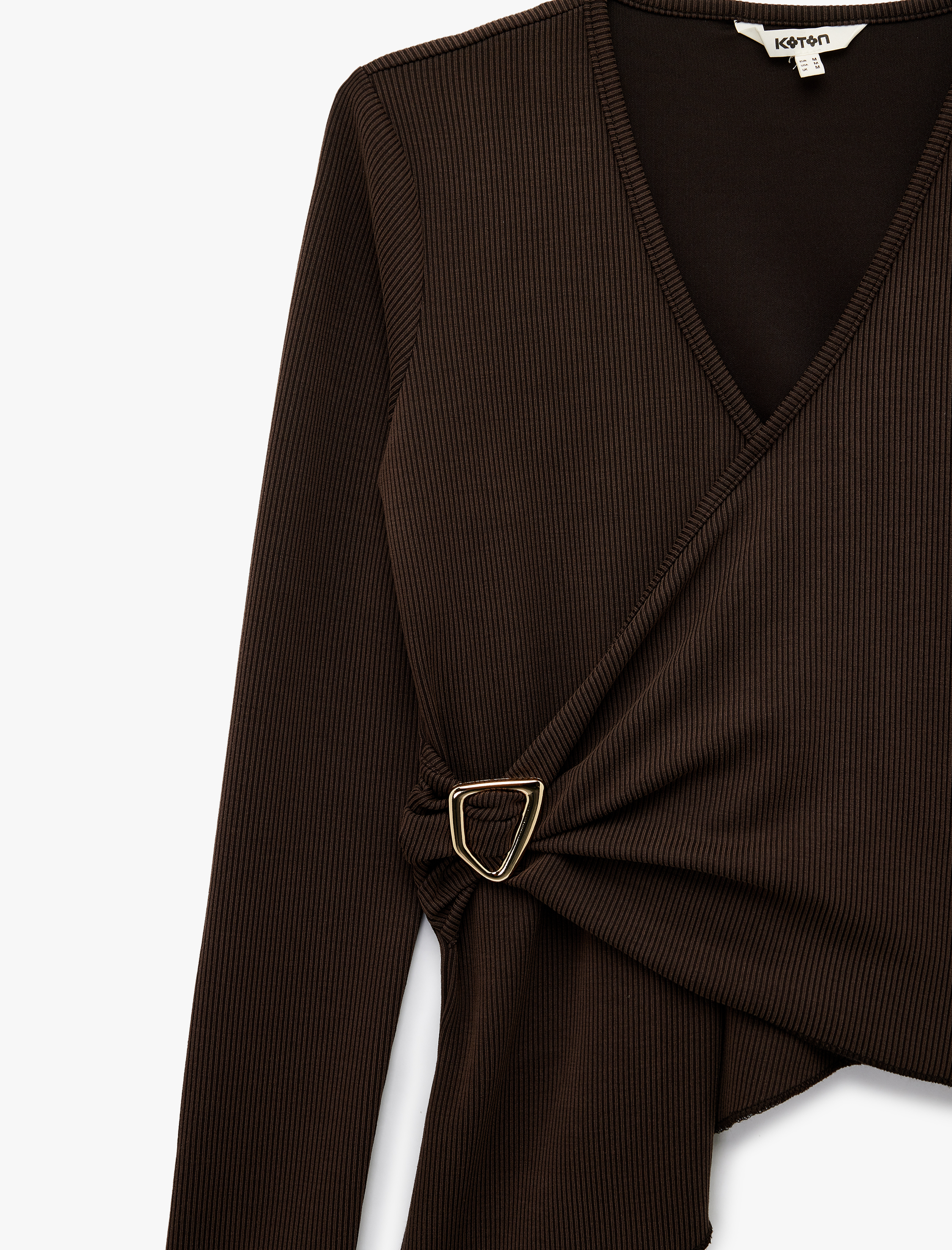   Metal Aksesuarlı Uzun Kollu Slim Fit Asimetrik Kruvaze V Yaka Bluz