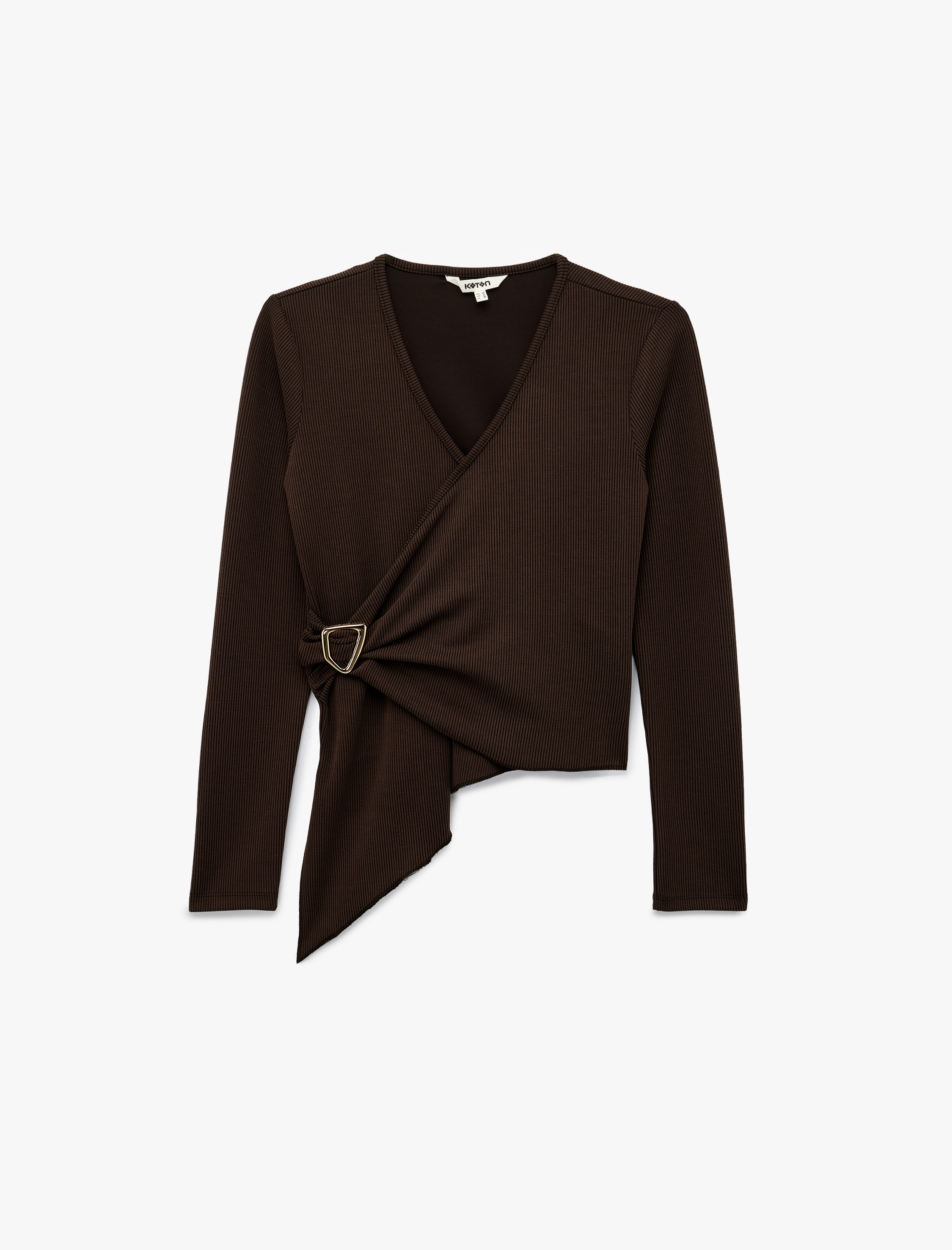   Metal Aksesuarlı Uzun Kollu Slim Fit Asimetrik Kruvaze V Yaka Bluz