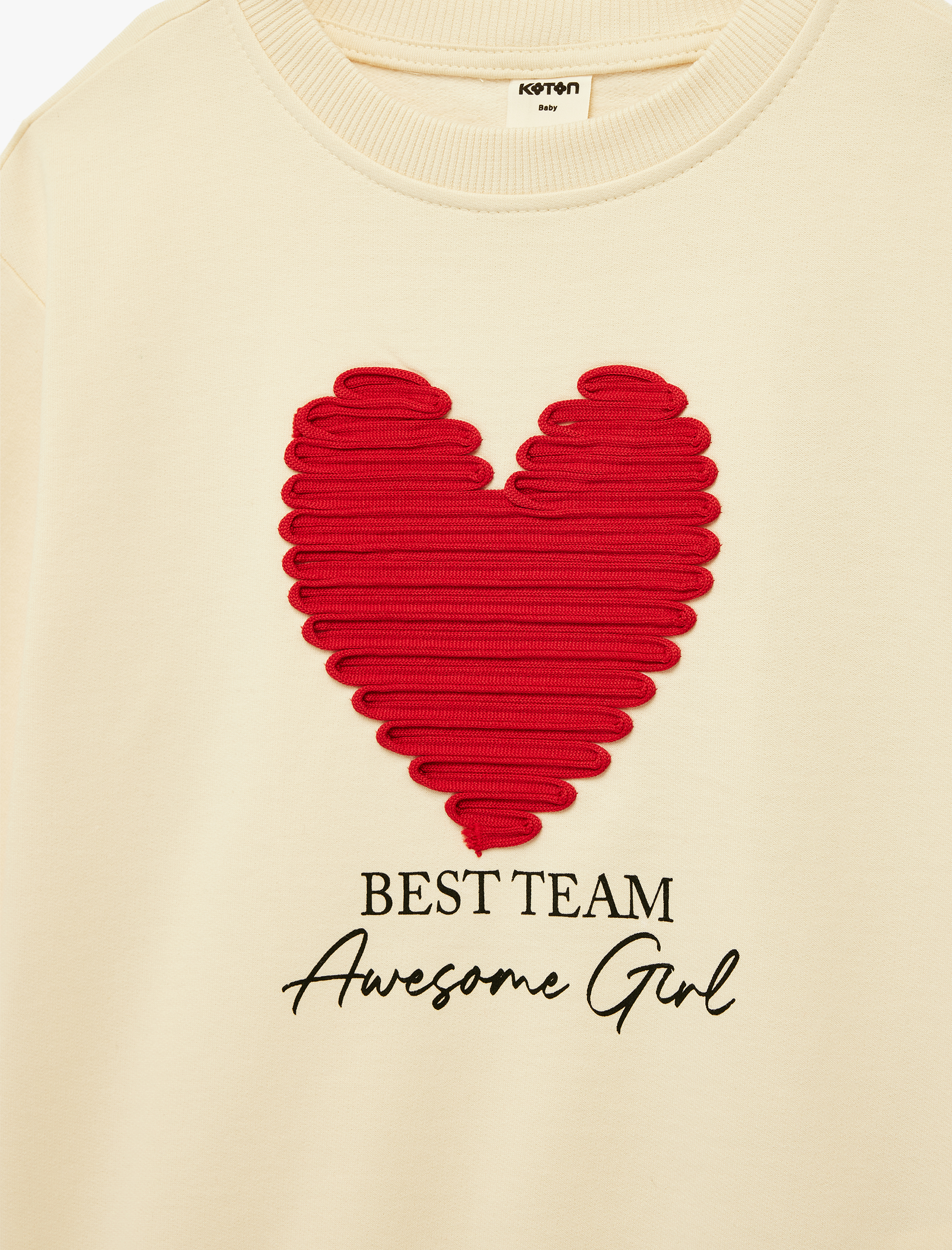  Kız Bebek Şardonlu Uzun Kollu Kalp Detaylı Bisiklet Yaka Pamuklu Sweatshirt