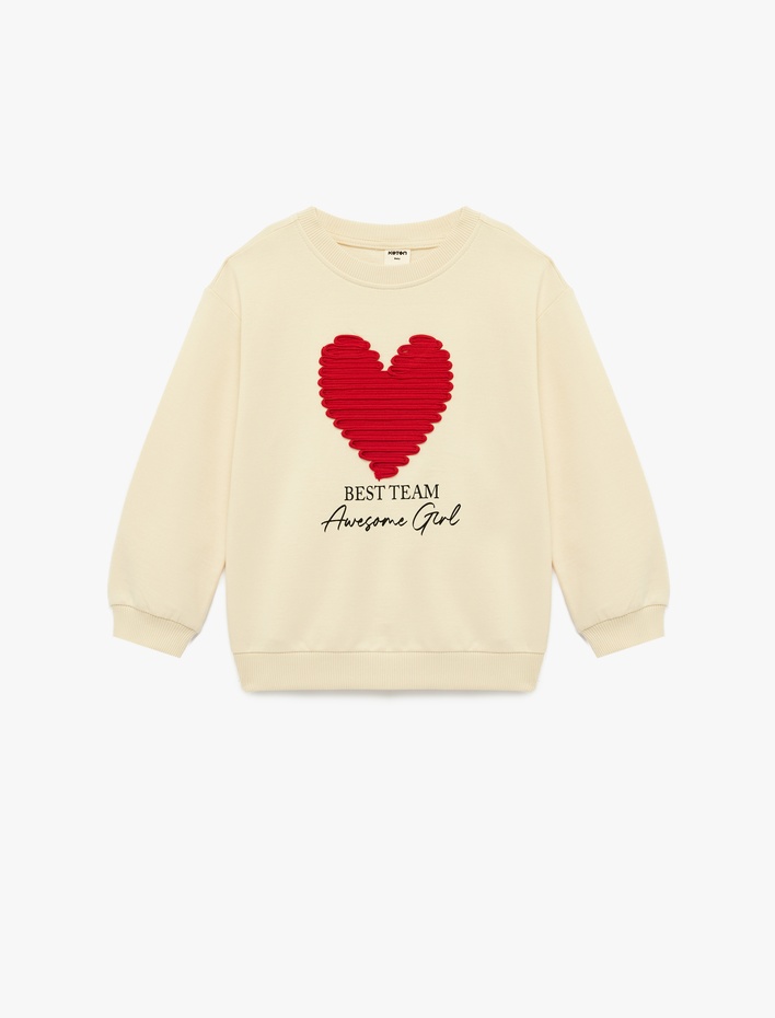 Kız Bebek Şardonlu Uzun Kollu Kalp Detaylı Bisiklet Yaka Pamuklu Sweatshirt