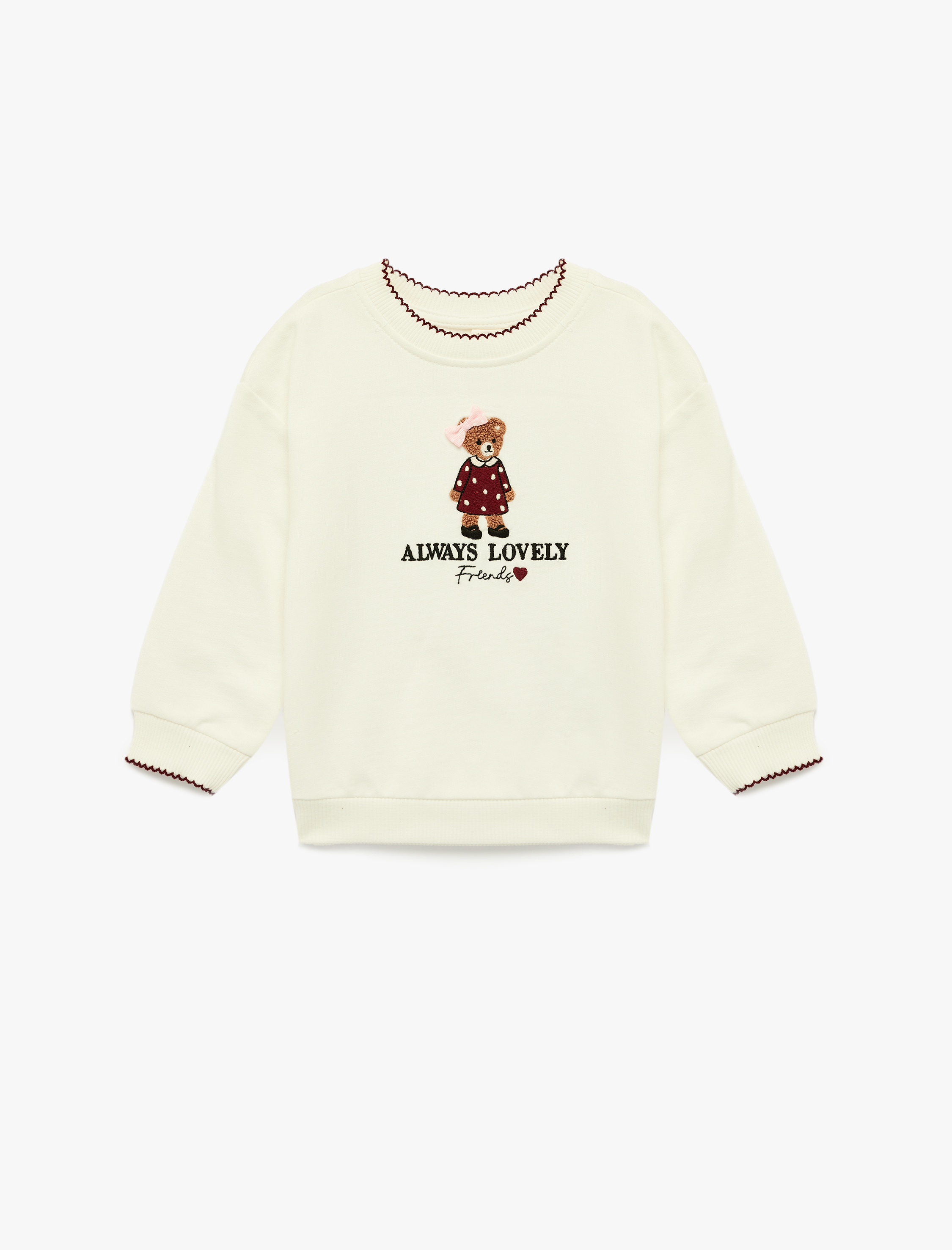  Kız Bebek Ayıcık Nakışlı Uzun Kollu Bisiklet Yaka Pamuklu Sweatshirt