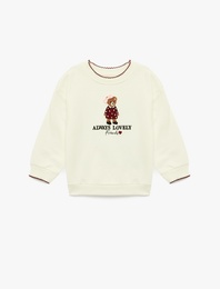 Ayıcık Nakışlı Uzun Kollu Bisiklet Yaka Pamuklu Sweatshirt