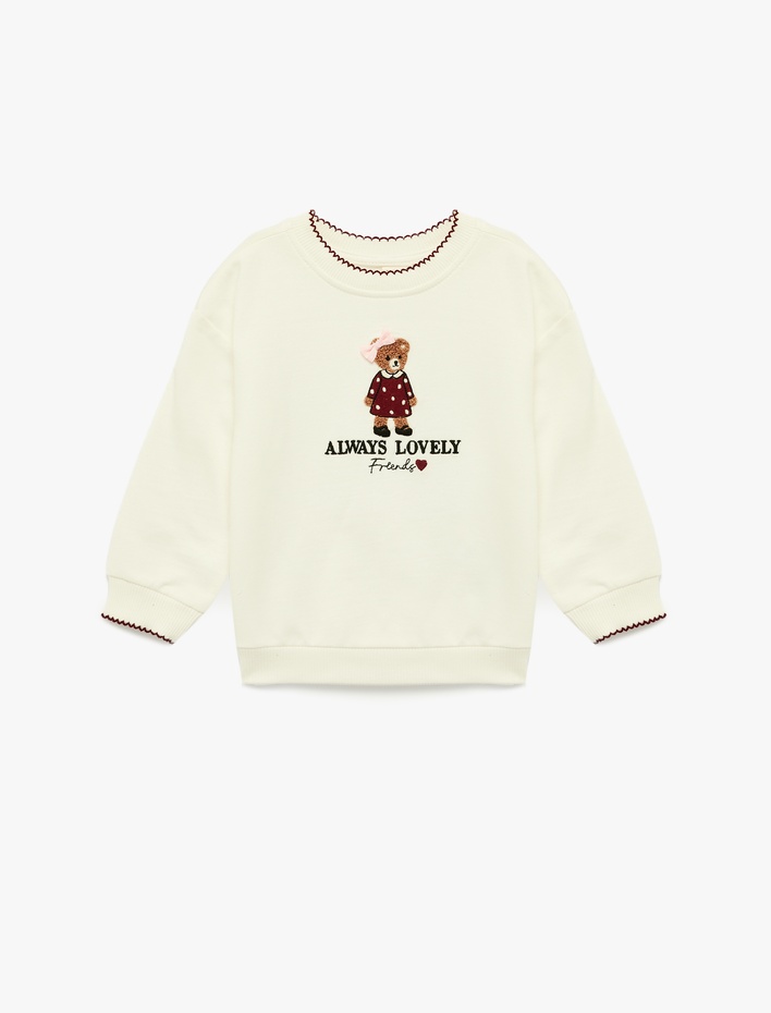 Kız Bebek Ayıcık Nakışlı Uzun Kollu Bisiklet Yaka Pamuklu Sweatshirt