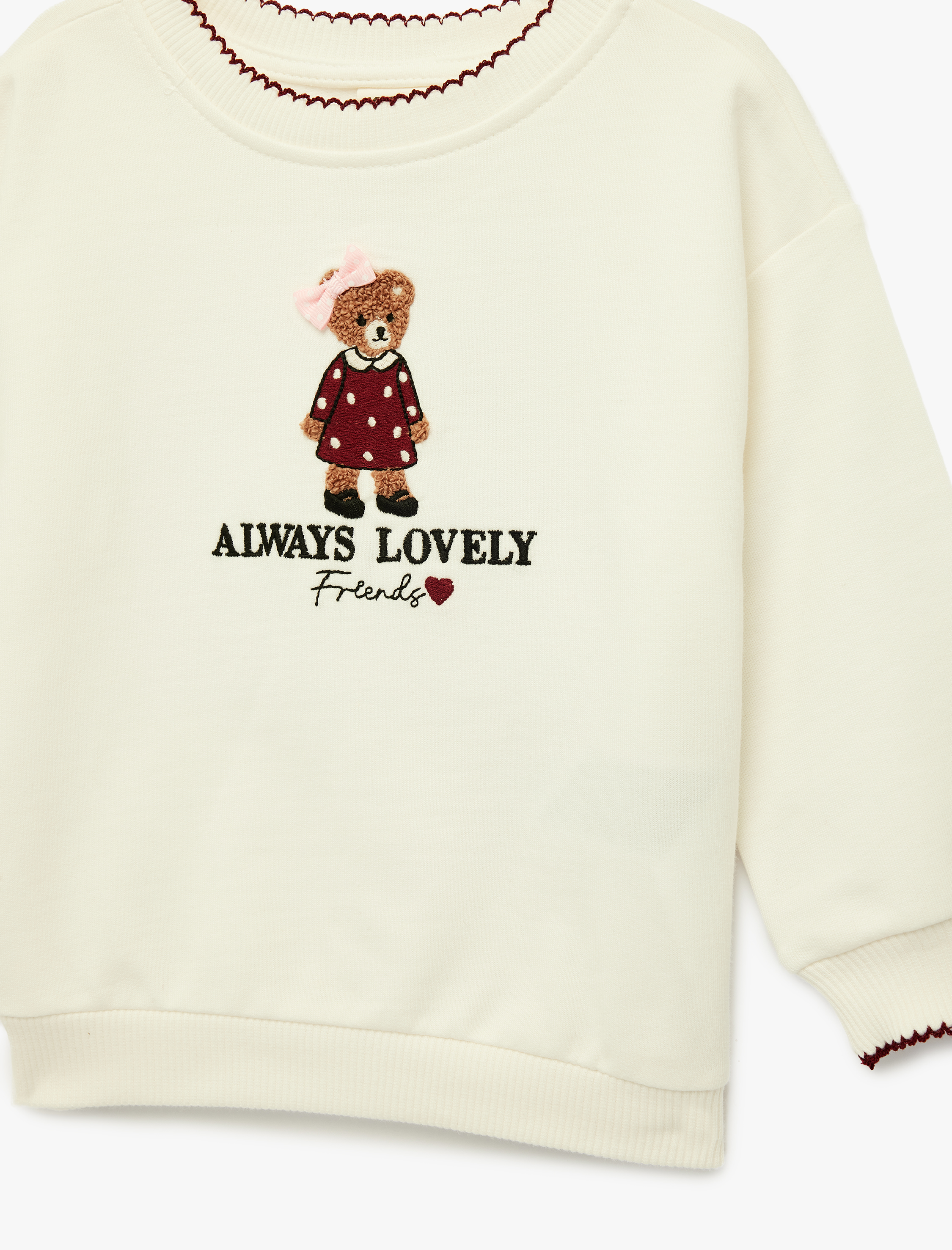  Kız Bebek Ayıcık Nakışlı Uzun Kollu Bisiklet Yaka Pamuklu Sweatshirt