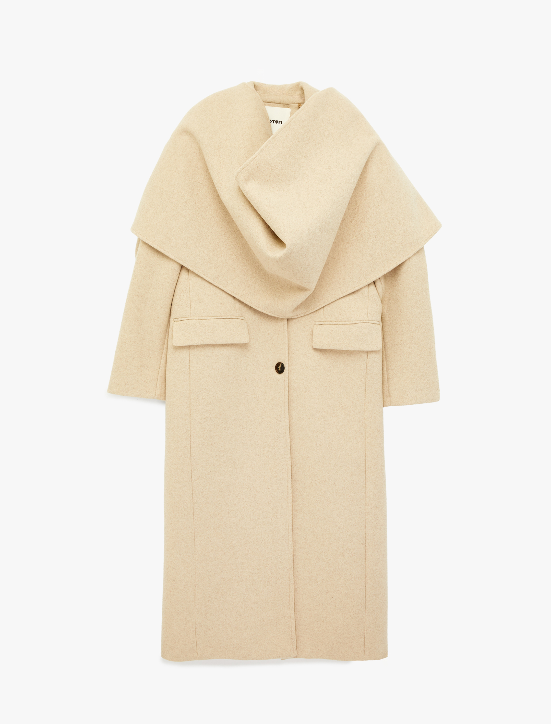   Uzun Kollu Düğmeli Cepli Kruvaze Şal Yaka Kaşe Kaban