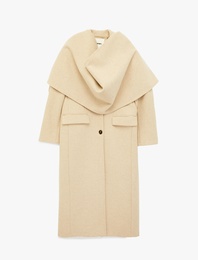 Uzun Kollu Düğmeli Cepli Kruvaze Şal Yaka Kaşe Kaban