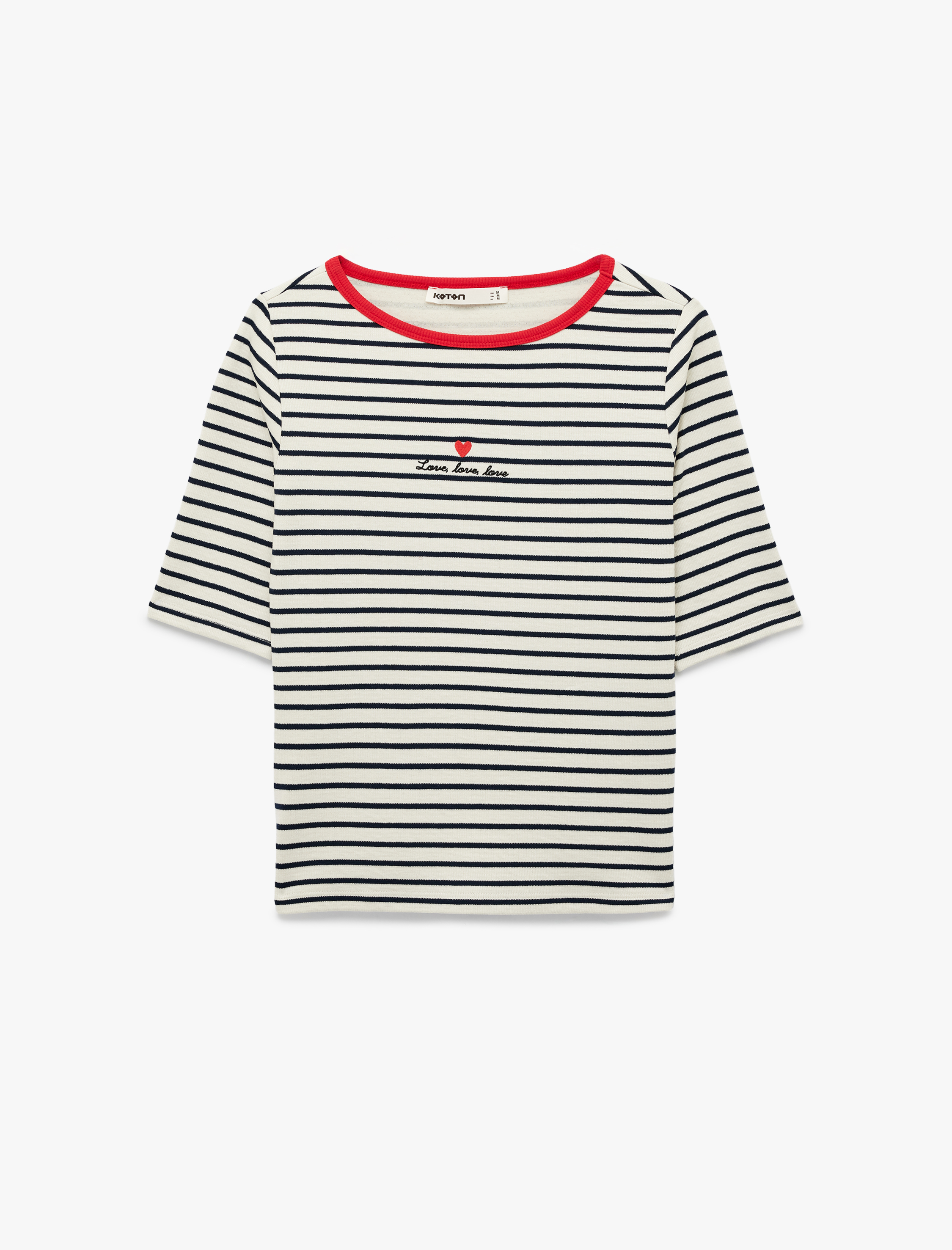   Slim Fit Kısa Kollu Bisiklet Yaka Kalpli Nakış Detaylı Çizgili Tişört