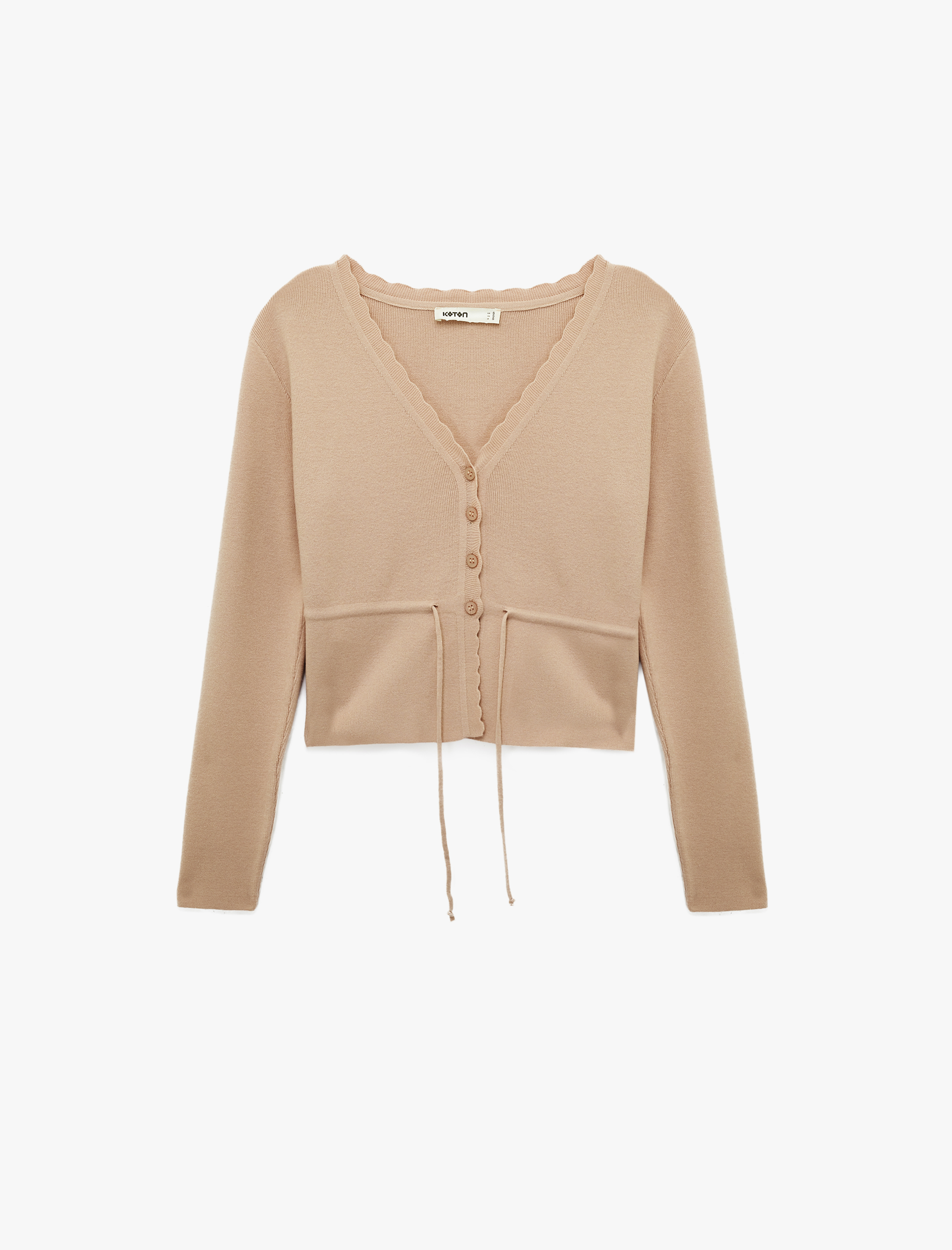   Uzun Kollu Beli Bağcıklı Düğmeli V Yaka Triko Hırka