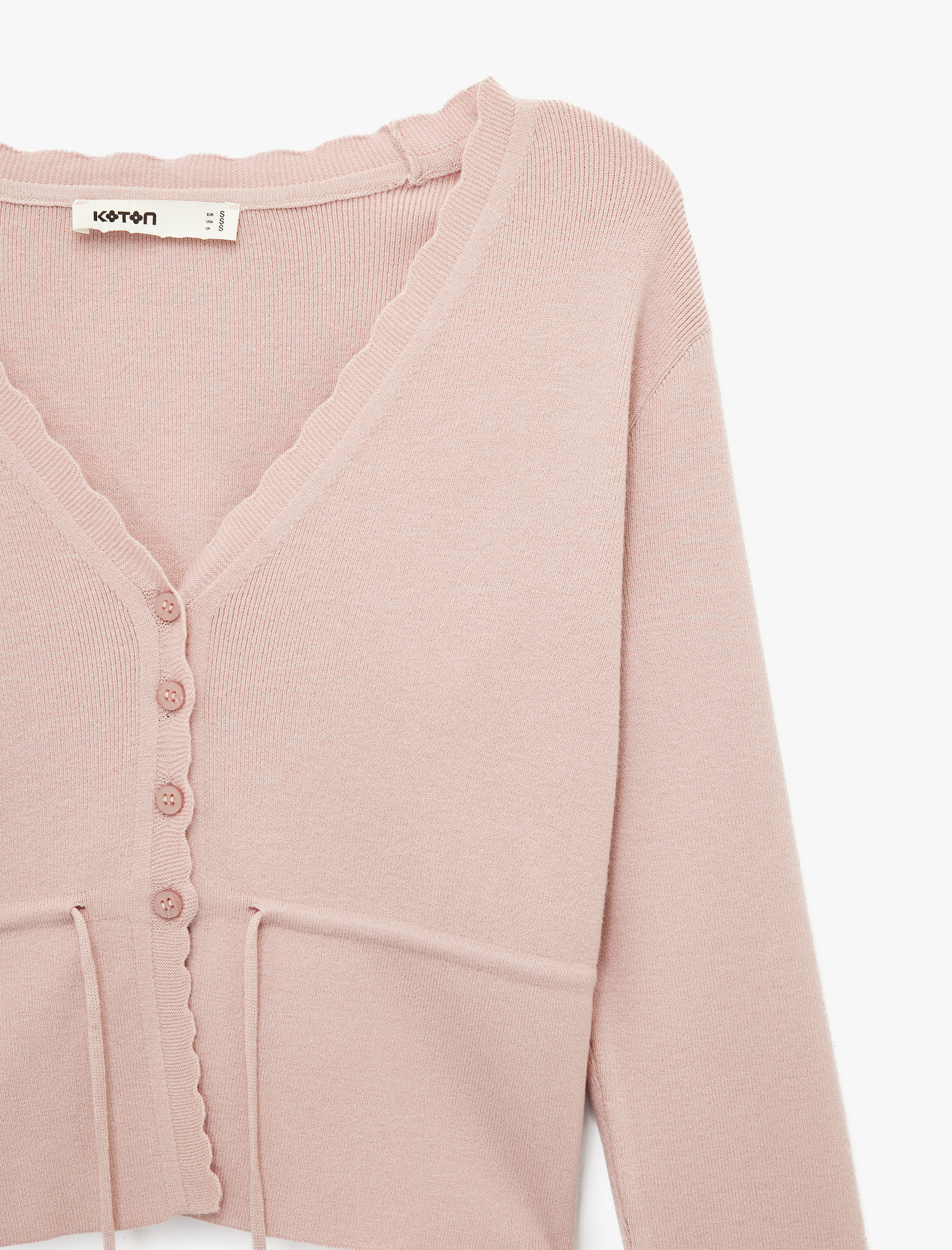   Uzun Kollu Beli Bağcıklı Düğmeli V Yaka Triko Hırka