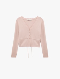 Uzun Kollu Beli Bağcıklı Düğmeli V Yaka Triko Hırka