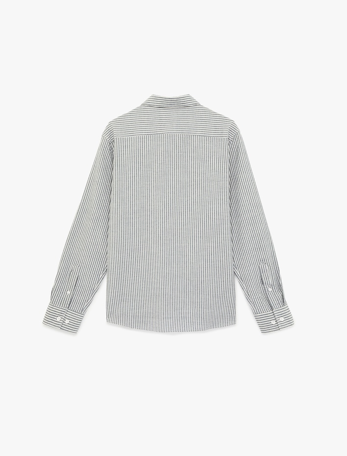  Regular Fit Viskon Karışımlı Düğmeli Gömlek Yaka Çizgili Uzun Kollu Gömlek