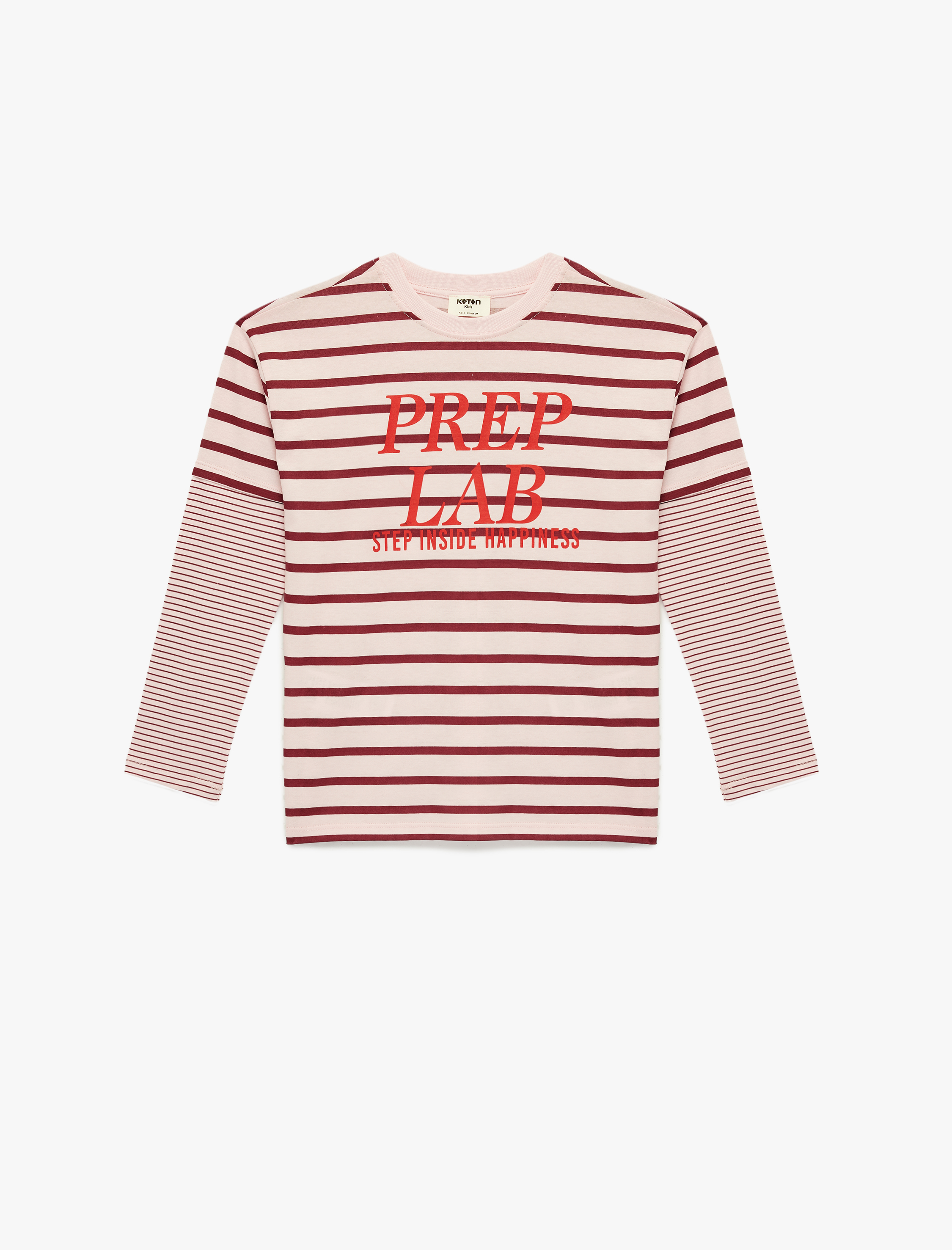  Kız Çocuk Uzun Kollu Bisiklet Yaka Baskılı Pamuklu Çizgili Tişört