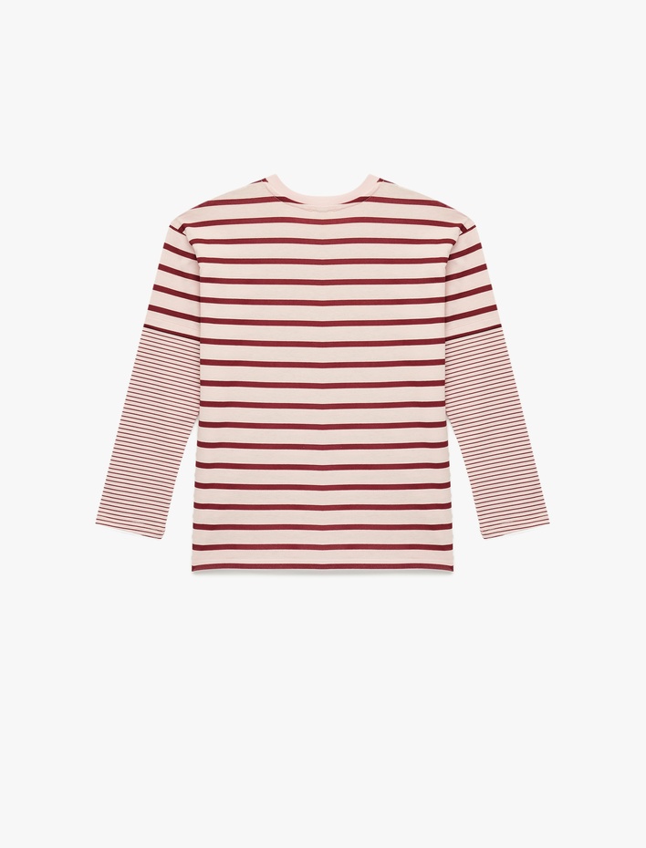 Kız Çocuk Uzun Kollu Bisiklet Yaka Baskılı Pamuklu Çizgili Tişört