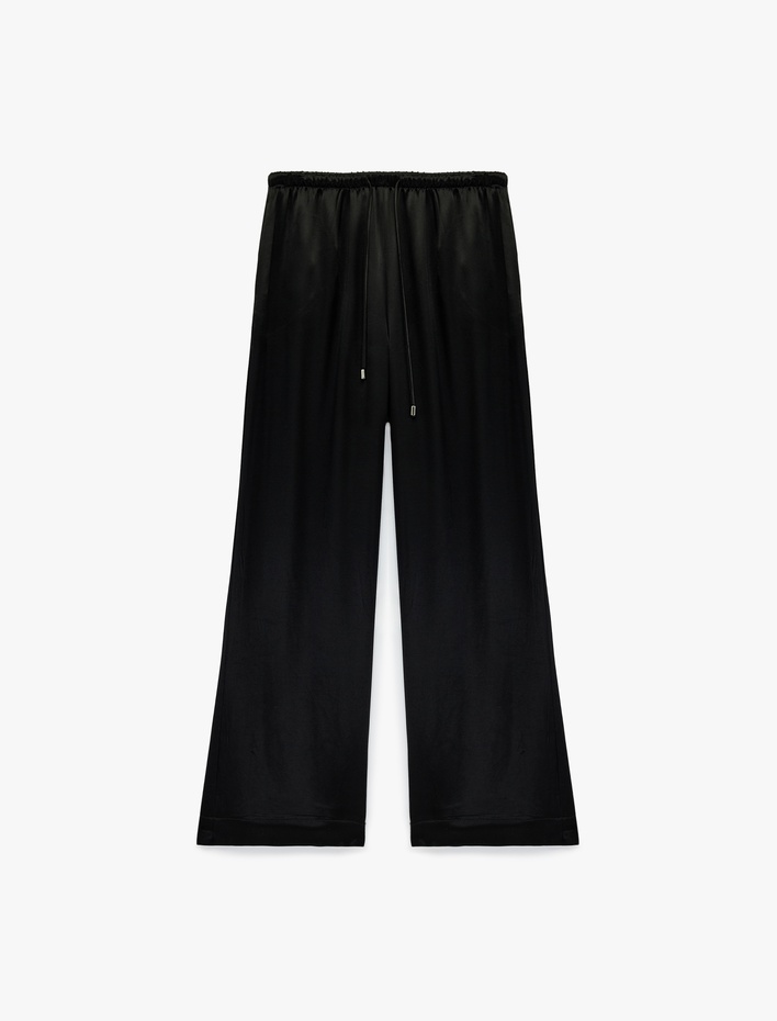  Beli Bağlamalı Düz Bol Paça Saten Pantolon