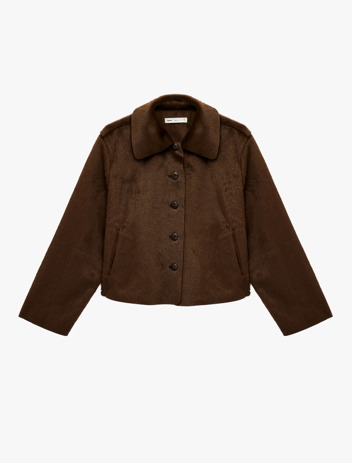  Koton X Sima Tarkan - Suni Kürk Mont Crop Uzun Kollu Düğmeli Cepli