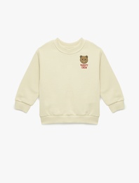 Uzun Kollu Bisiklet Yaka Ayıcık Baskılı Sweatshirt