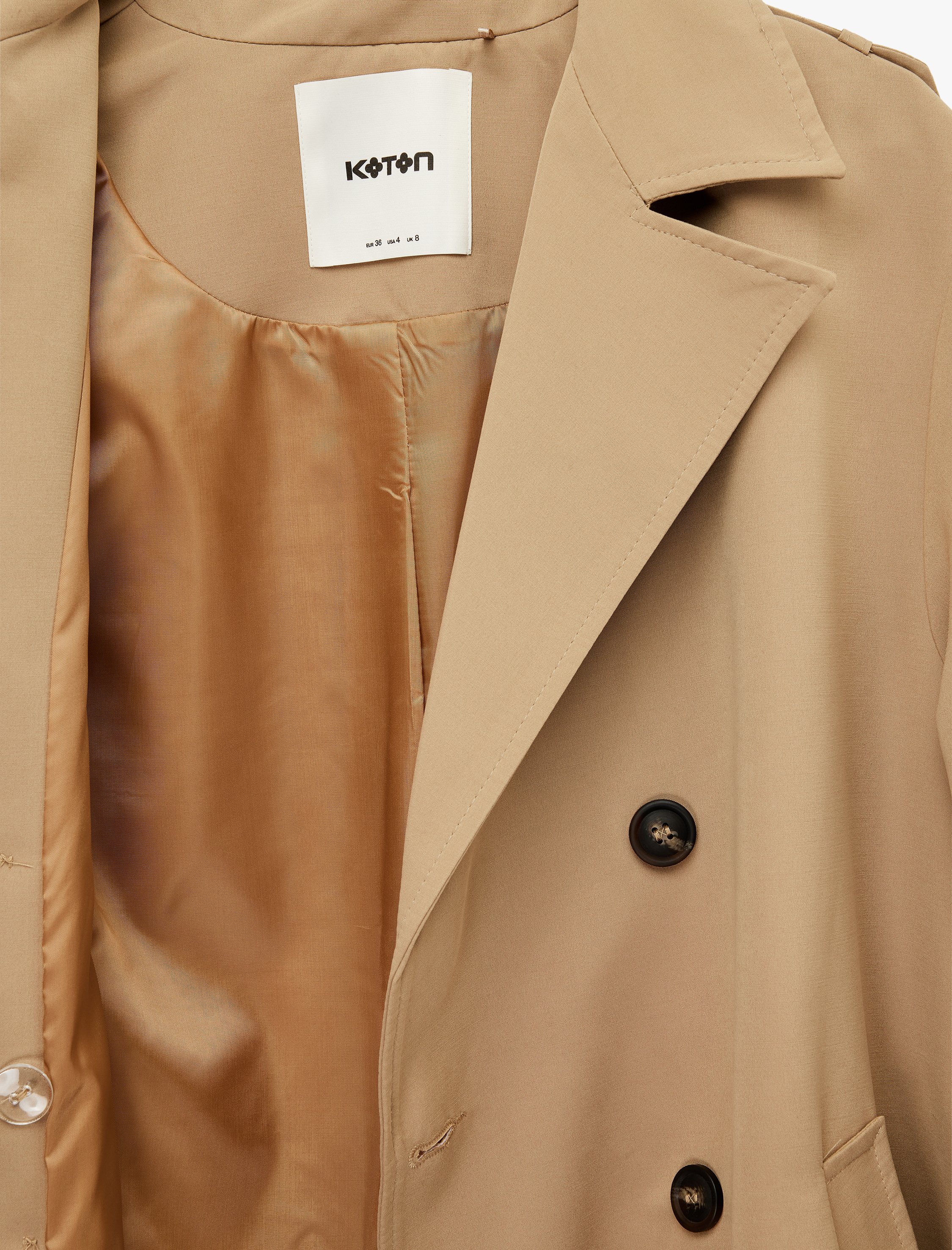   Uzun Kollu Düğmeli Cepli Kemerli Kruvaze Gabardin Trençkot