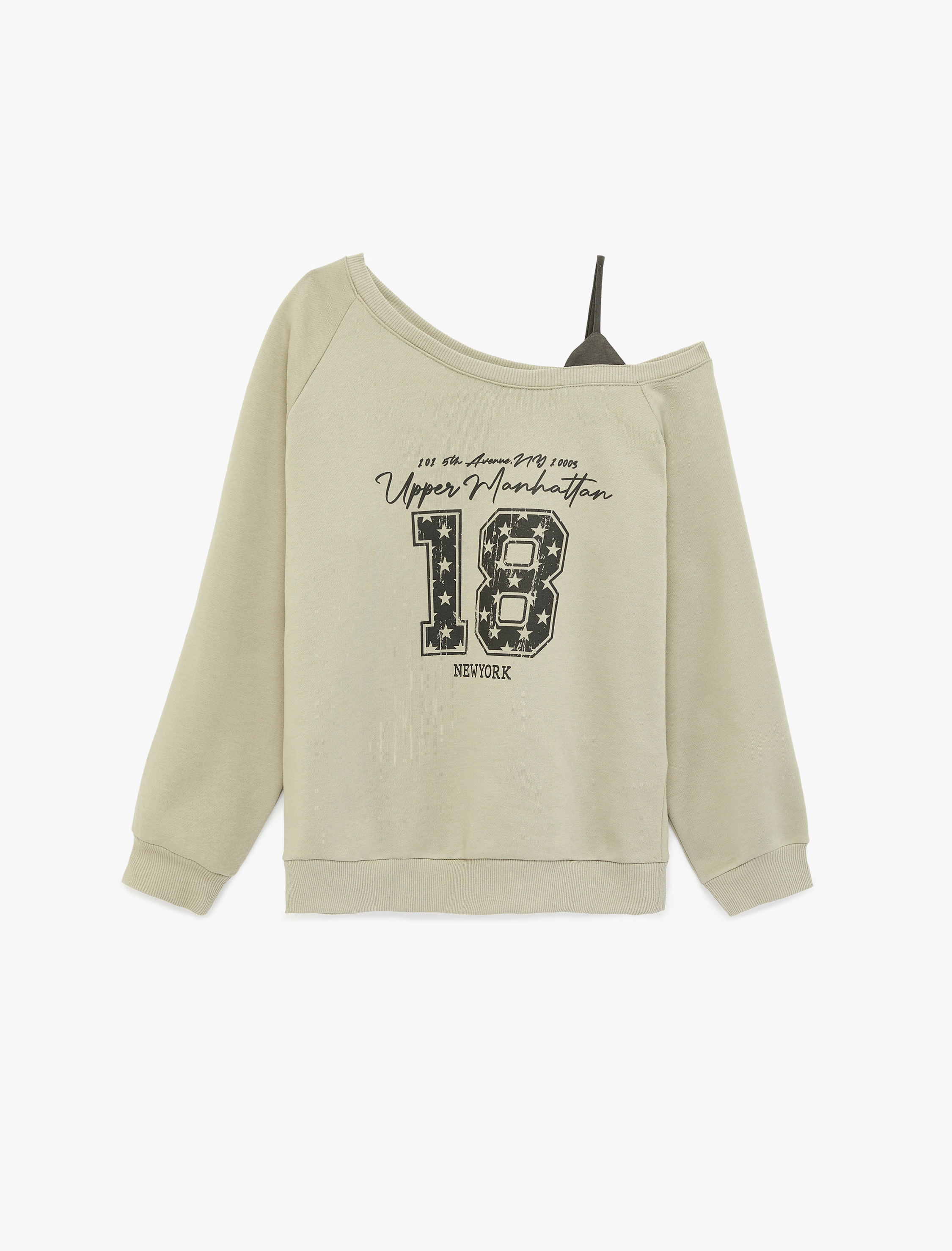   Rahat Kalıp Üç İplik Uzun Kollu Asimetrik Yaka Baskılı Sweatshirt