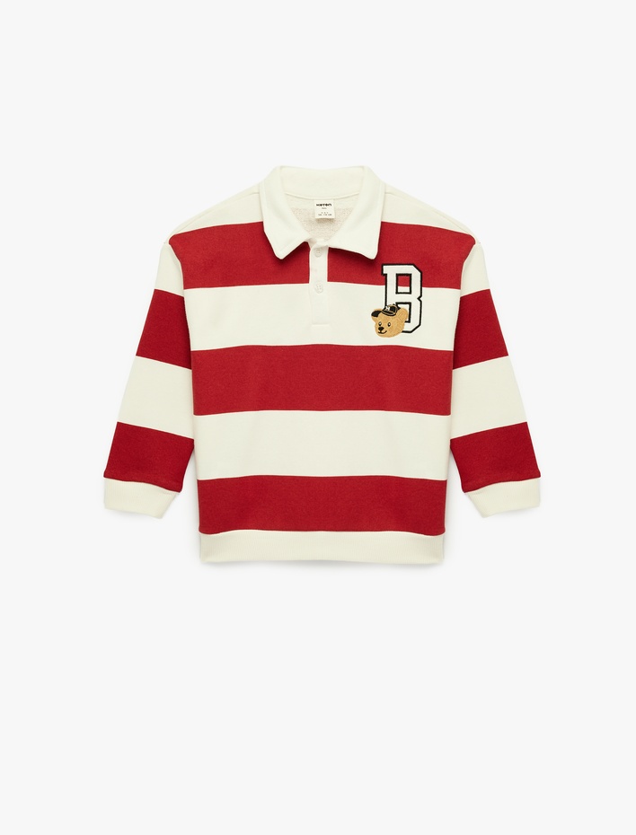 Erkek Bebek Pamuklu Uzun Kollu Çizgili Oversize Polo Yaka Sweatshirt