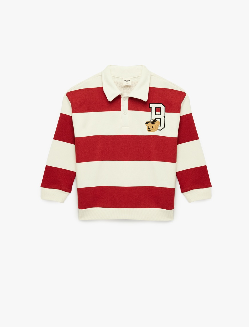 Ekru Erkek Bebek Pamuklu Uzun Kollu Çizgili Oversize Polo Yaka