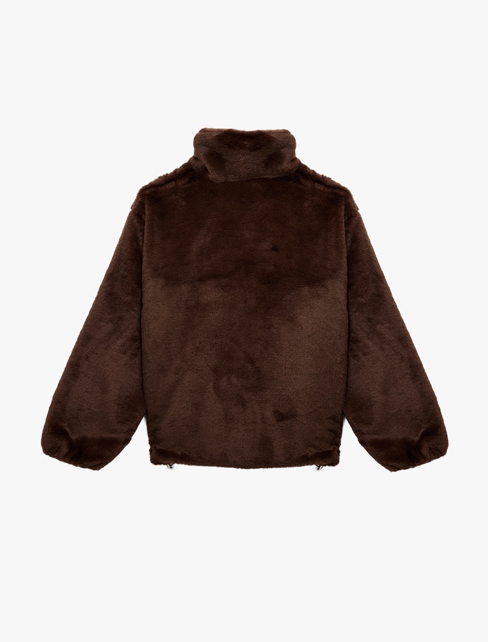  Uzun Kollu Dik Yaka Fermuarlı Suni kürk Mont