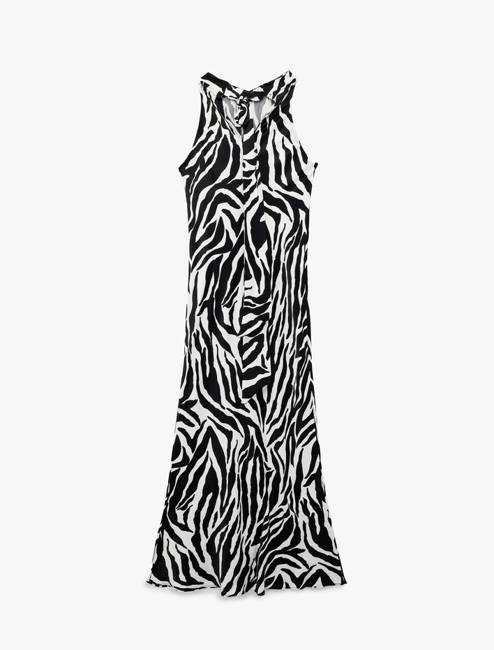  Zebra Desenli Halter Yaka Maxi Elbise