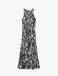 Zebra Desenli Halter Yaka Maxi Elbise