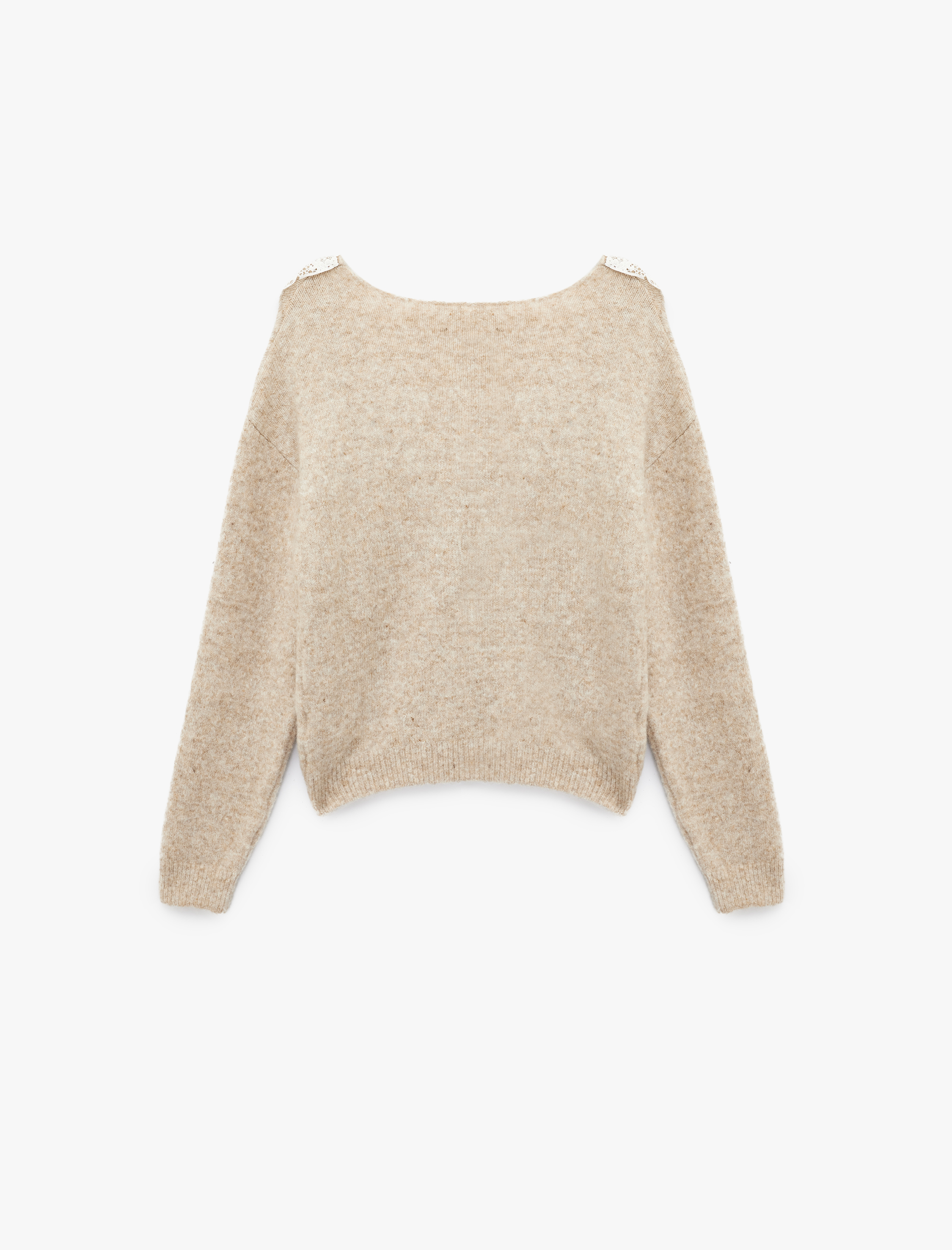   Uzun Kollu V Yaka Önden Bağlamalı Dantel Detaylı Triko Hırka