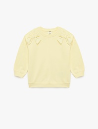 Uzun Kollu Bisiklet Yaka Fiyonk Detaylı Şardonlu Pamuklu Sweatshirt