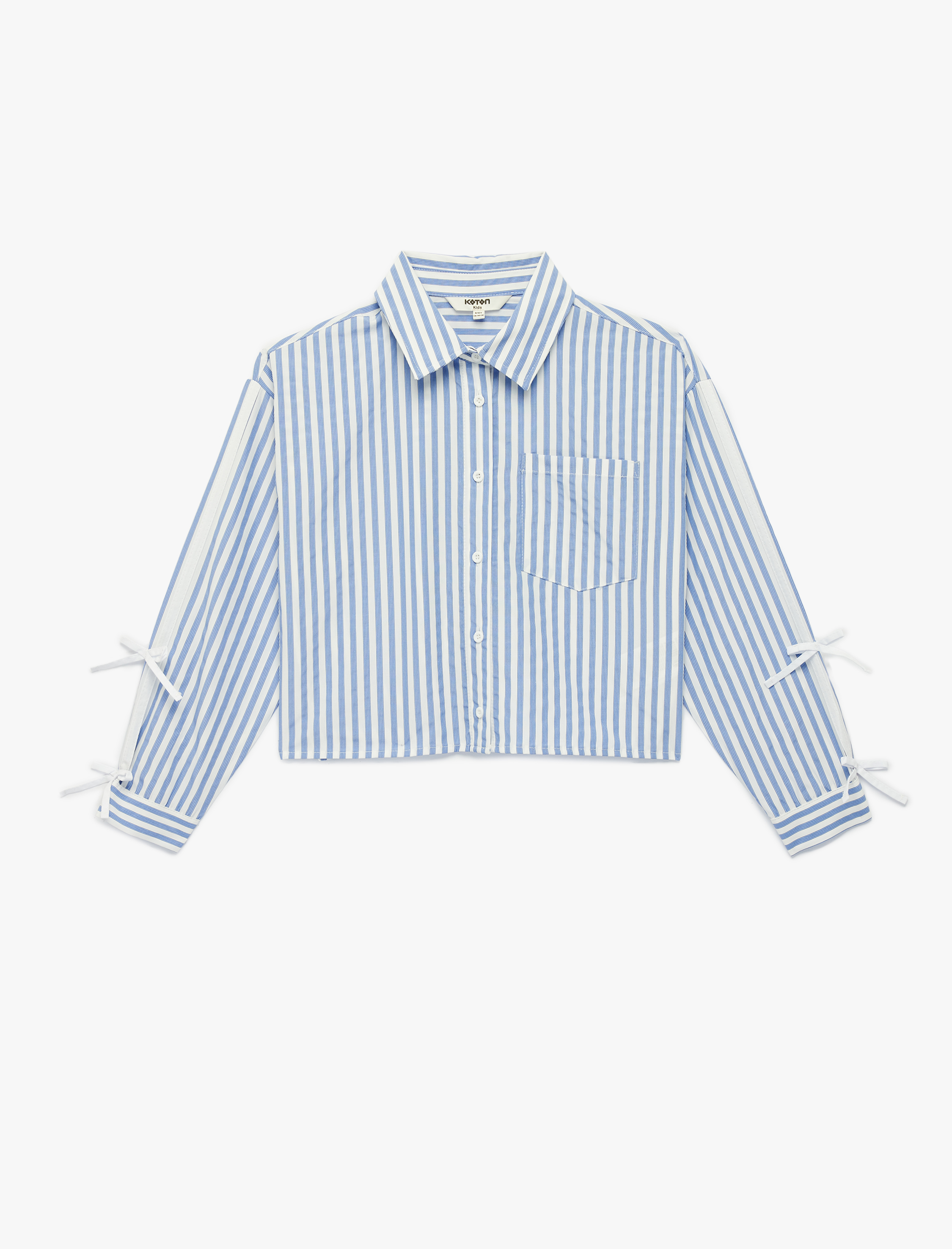  Kız Çocuk Uzun Kollu Fiyonk Detaylı Klasik Yaka Çizgili Crop Gömlek