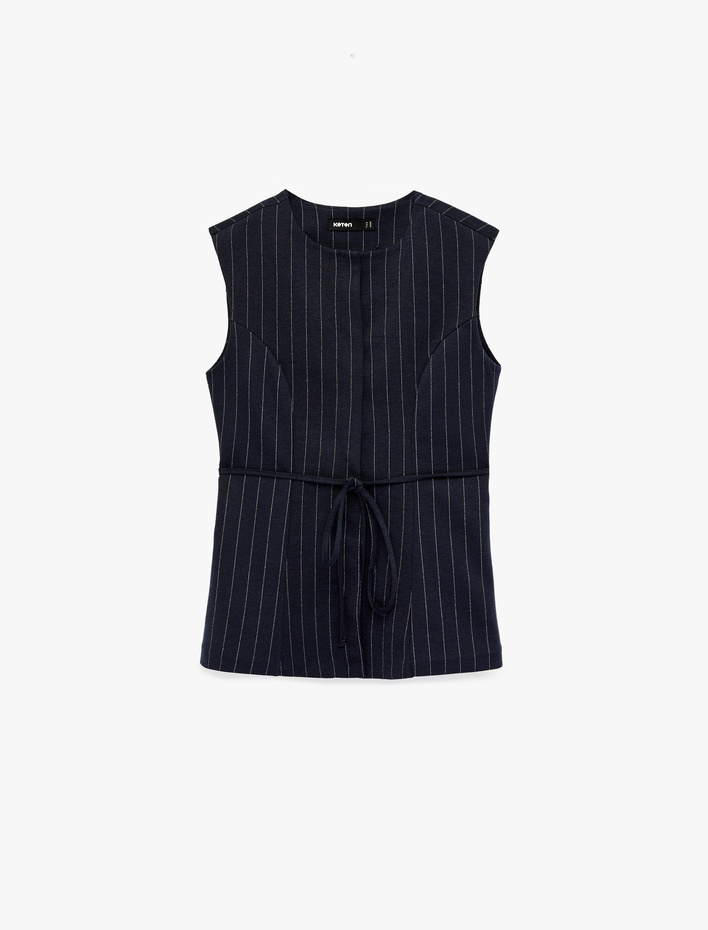  Bisiklet Yaka Kemerli Çizgili Yelek