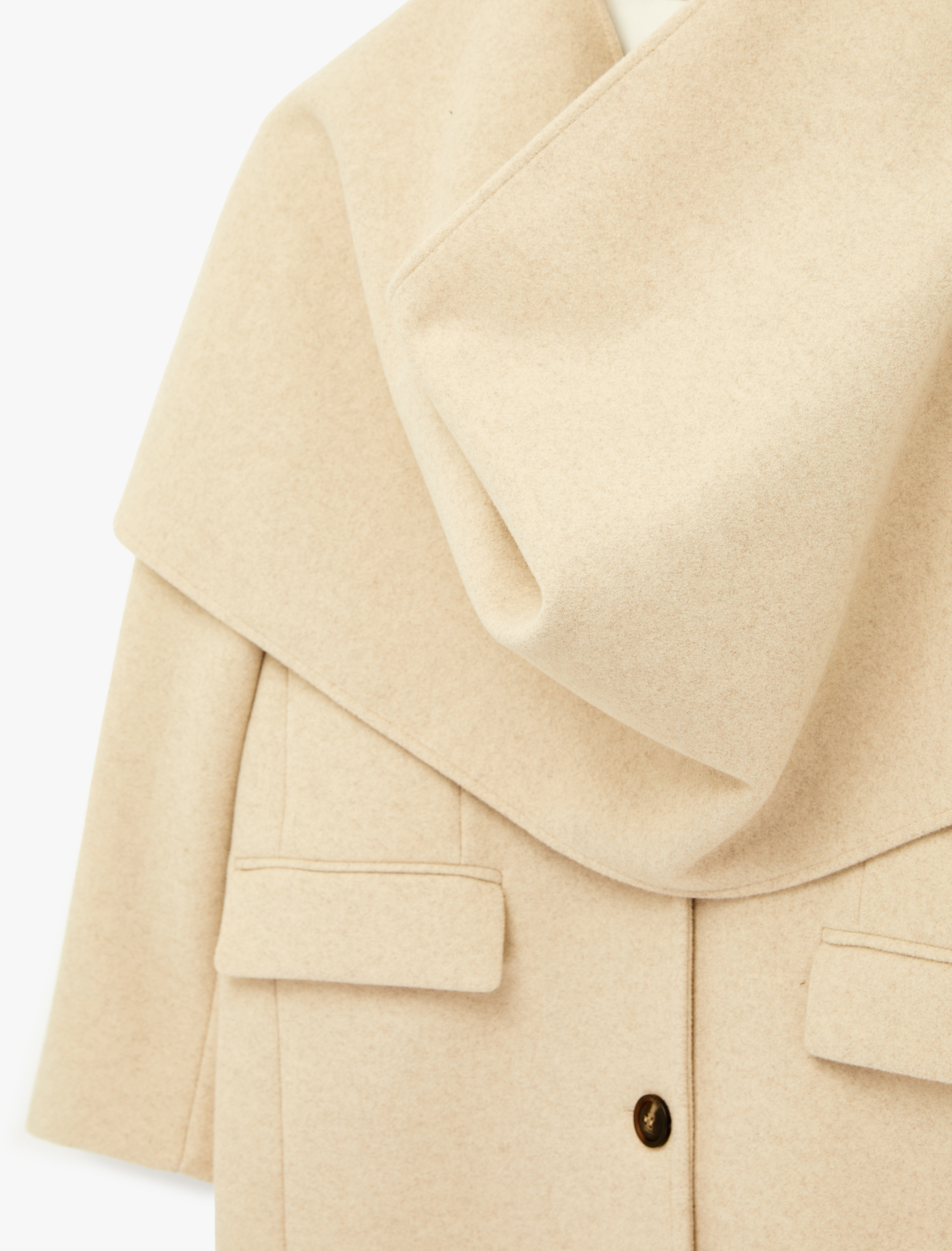   Uzun Kollu Düğmeli Cepli Kruvaze Şal Yaka Kaşe Kaban