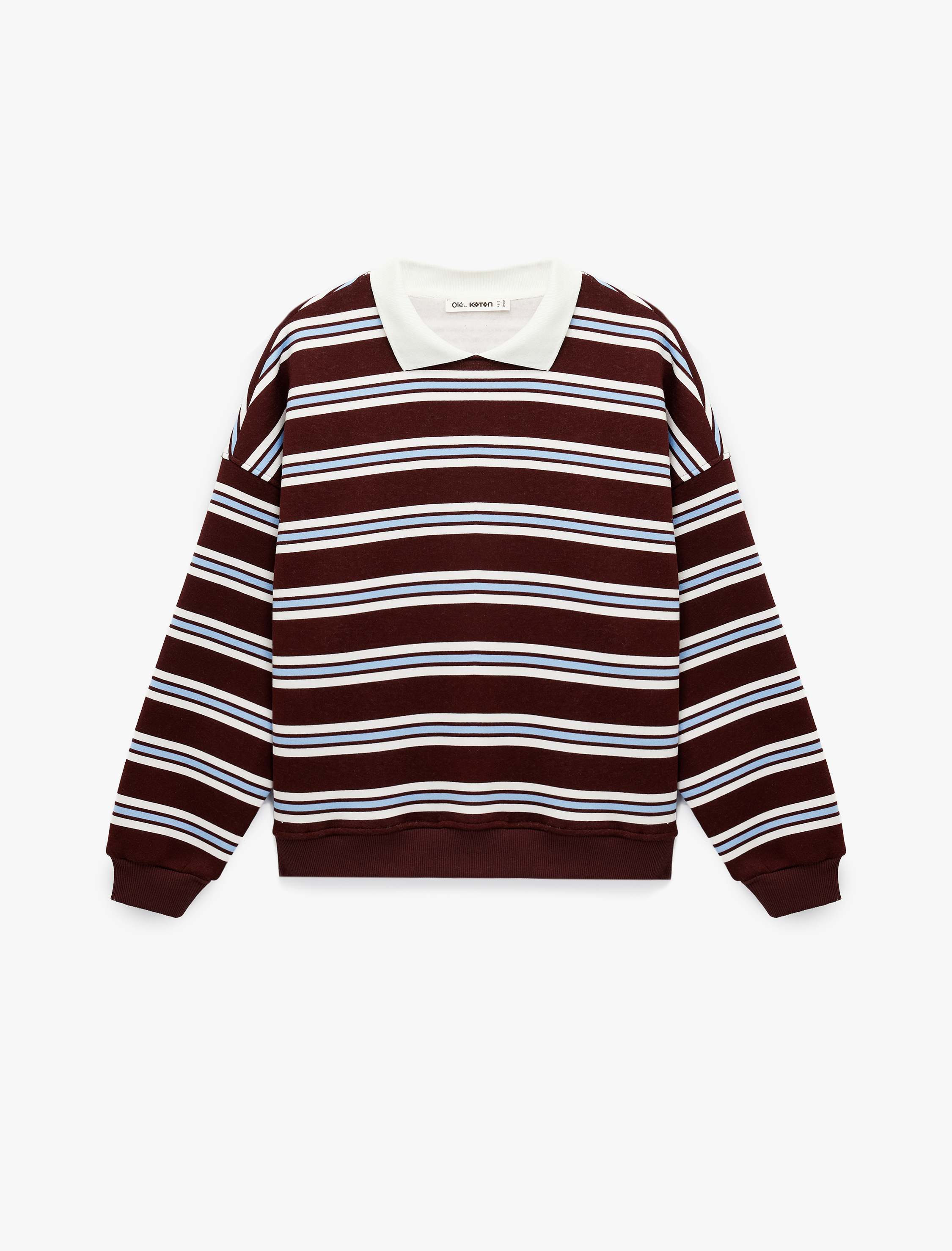   Üç İplik Şardonlu Uzun Kollu Polo Yaka Çizgili Rugby Sweatshirt