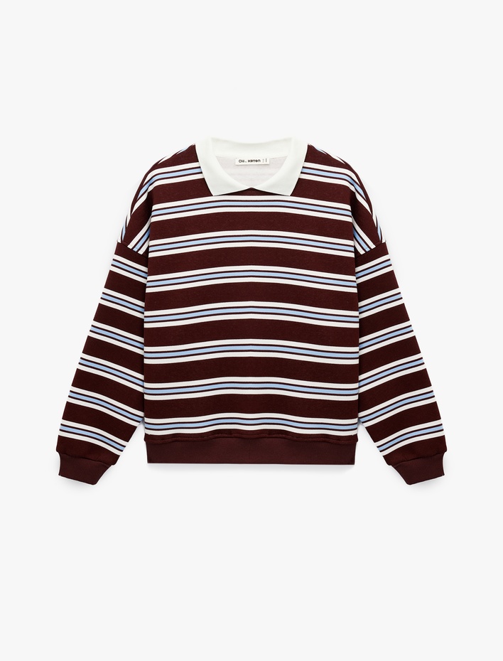  Üç İplik Şardonlu Uzun Kollu Polo Yaka Çizgili Rugby Sweatshirt