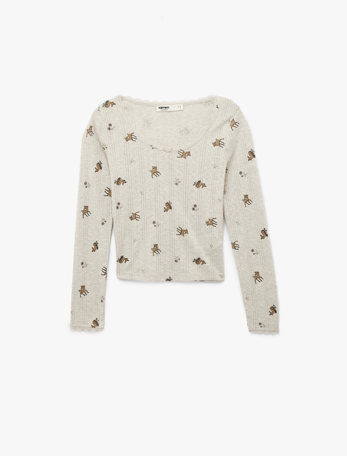  Uzun Kollu Bisiklet Yaka Slim Desenli Pijama Üstü