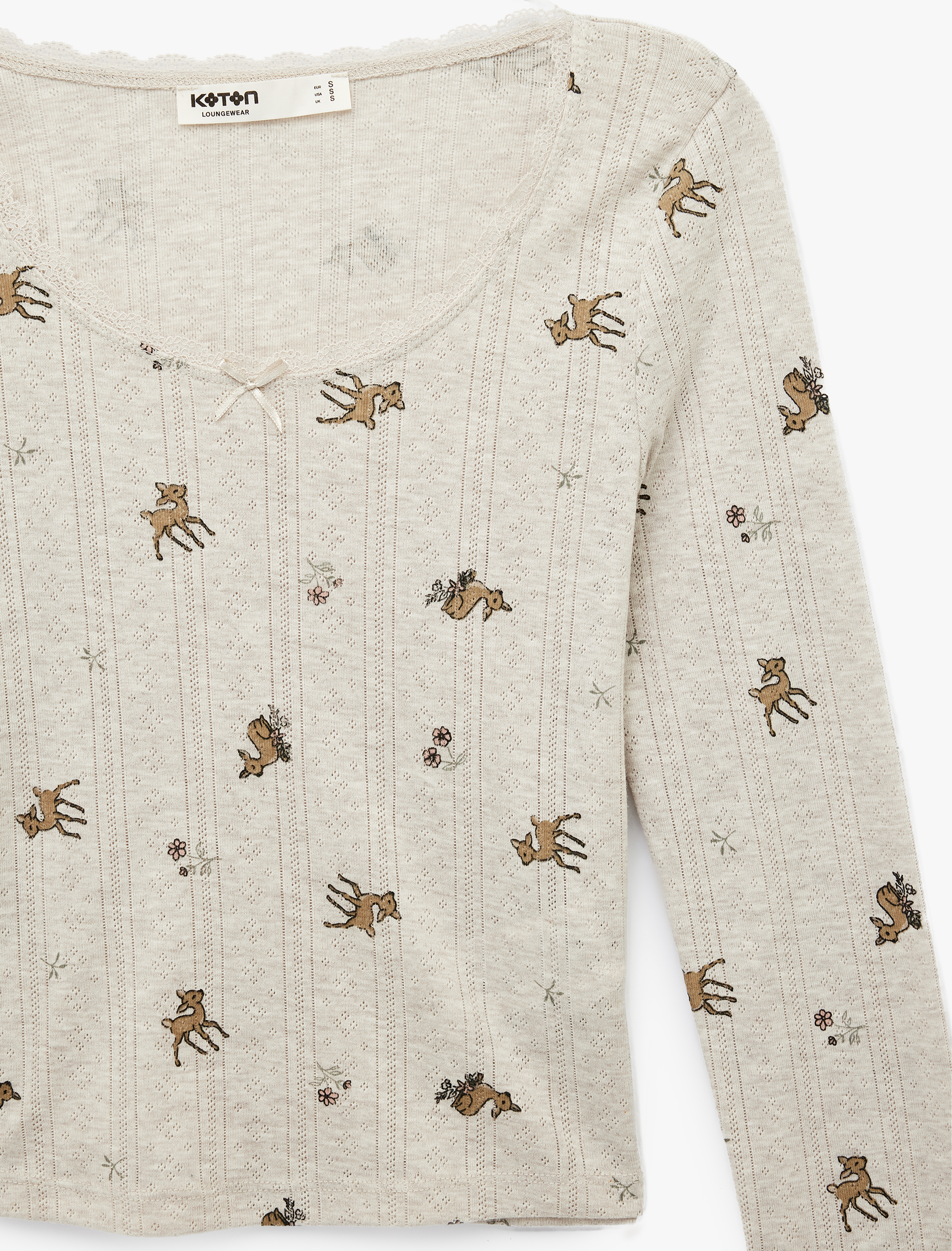   Uzun Kollu Bisiklet Yaka Slim Desenli Pijama Üstü